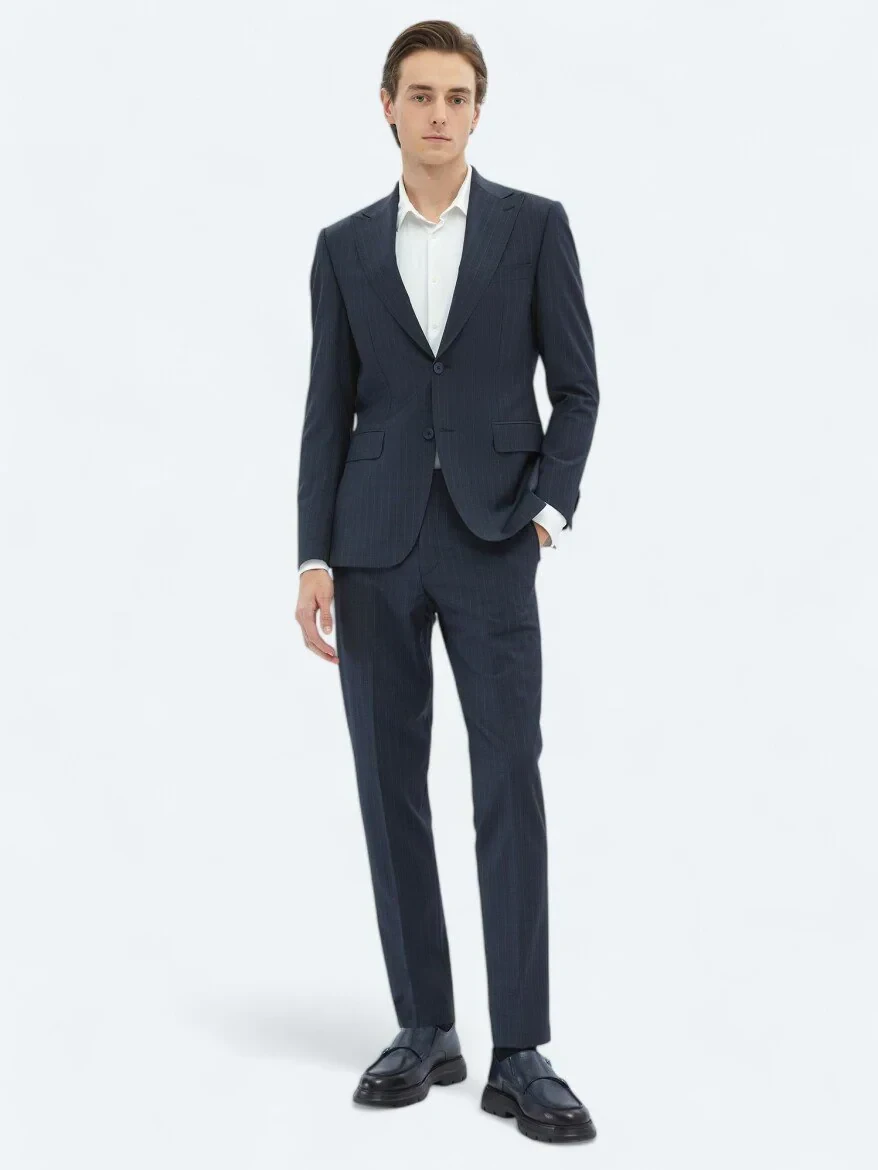 Açık Lacivert Çizgili Modern Fit Yün Karışımlı Takım Elbise - KİP