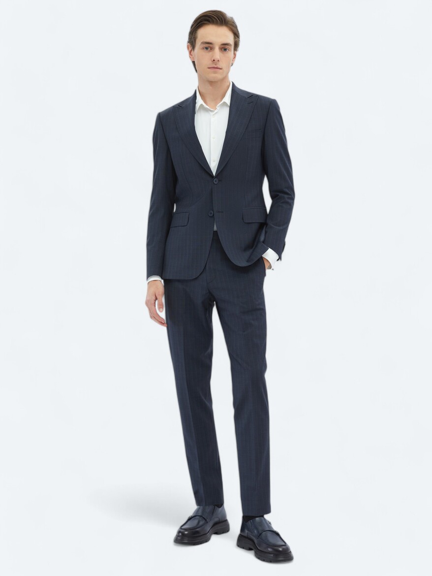 Açık Lacivert Çizgili Modern Fit Yün Karışımlı Takım Elbise - 2