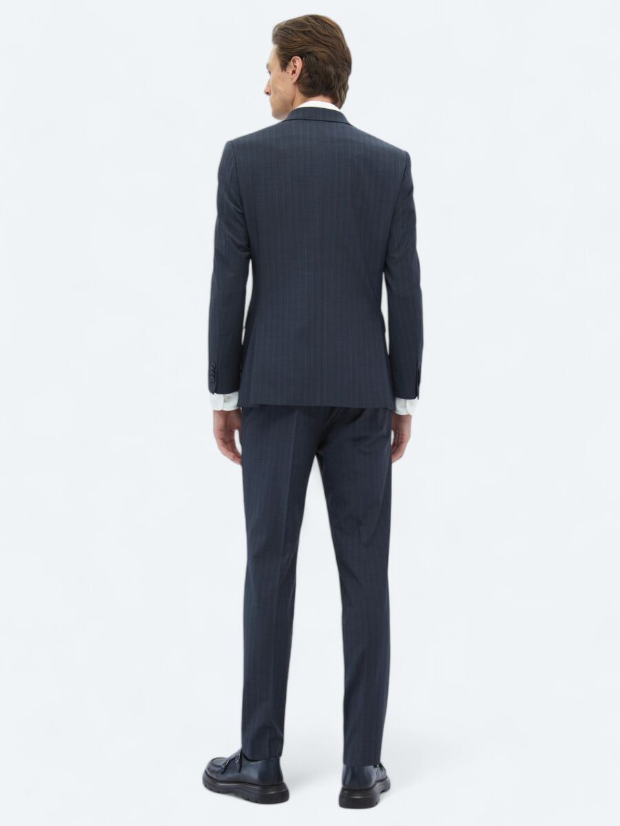 Açık Lacivert Çizgili Modern Fit Yün Karışımlı Takım Elbise - 7