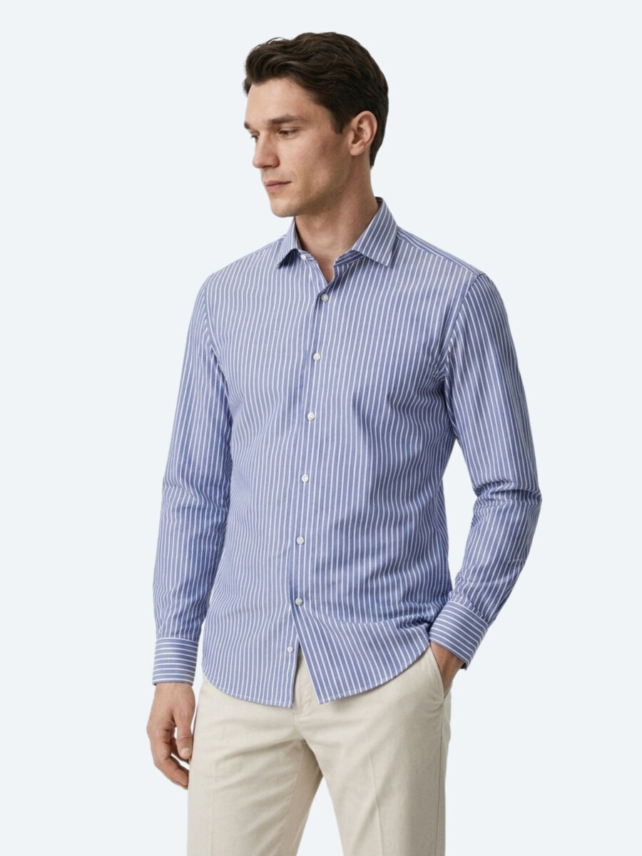 Açık Lacivert Çizgili Regular Fit Uzun Dokuma Casual Pamuk Karışımlı Gömlek - 2