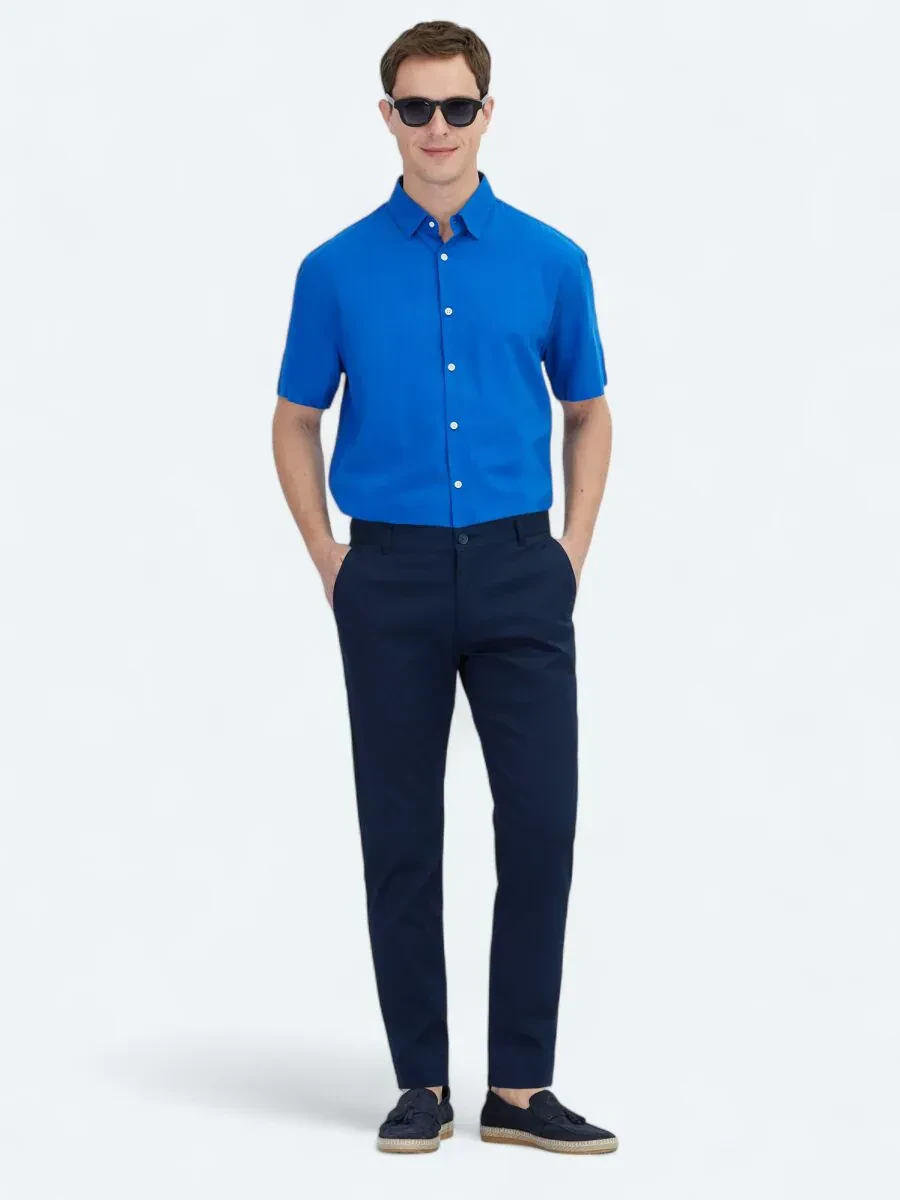 Açık Lacivert Dokuma Regular Fit Casual Pamuk Karışımlı Pantolon - 1