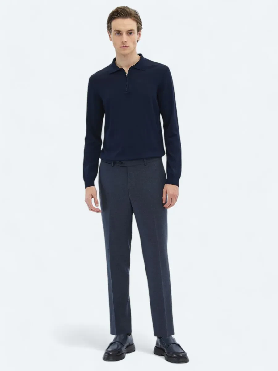Açık Lacivert Düz Dokuma Fitted Fit Klasik Pantolon - 1