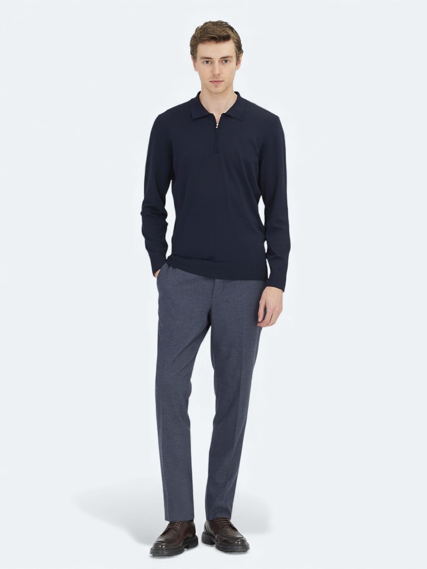 Açık Lacivert Düz Dokuma Fitted Fit Klasik Pantolon - 1