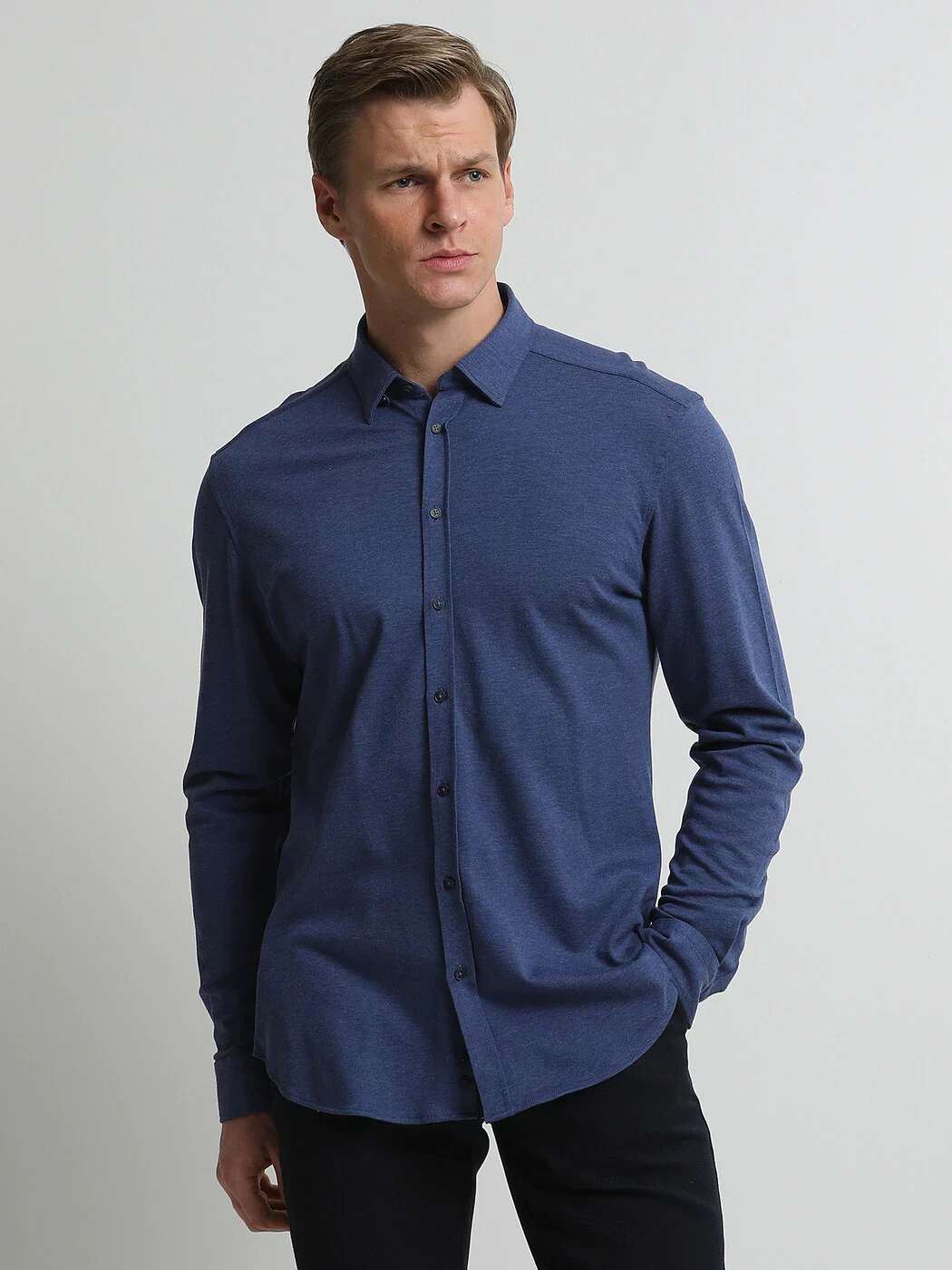 Açık Lacivert Düz Regular Fit Casual %100 Pamuk Gömlek - 2