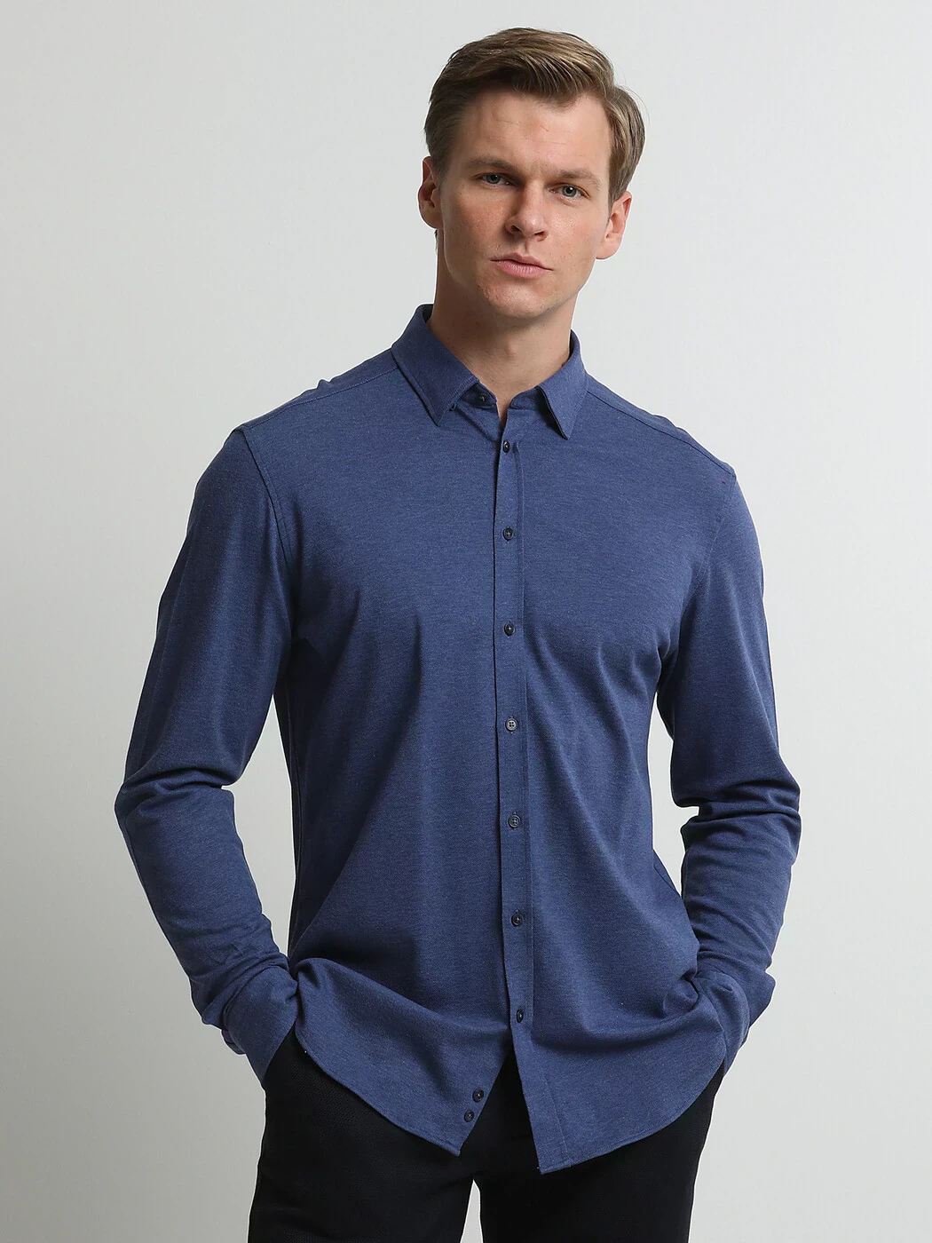 Açık Lacivert Düz Regular Fit Casual %100 Pamuk Gömlek - 3
