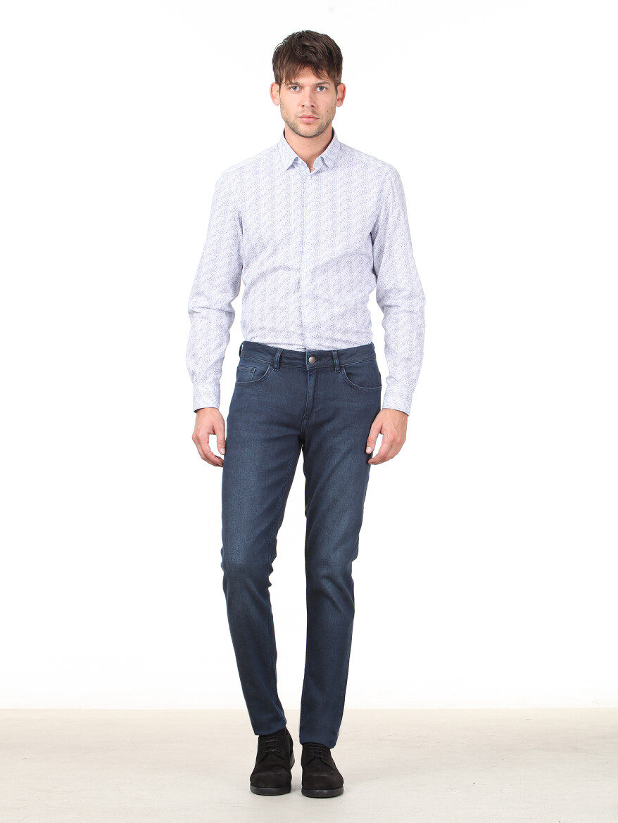 Açık Lacivert Düz Slim Fit Denim Pamuk Karışımlı Pantolon - 1