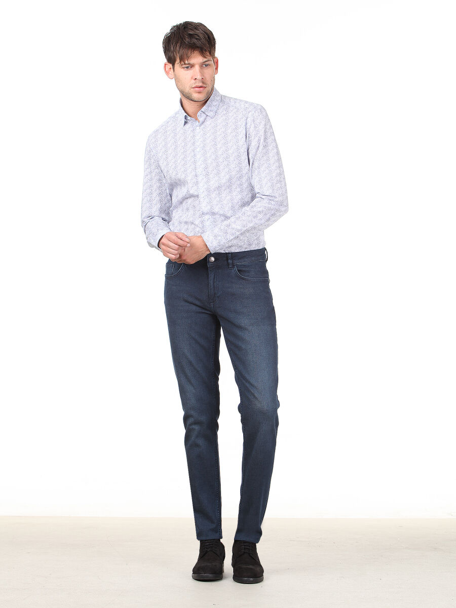 Açık Lacivert Düz Slim Fit Denim Pamuk Karışımlı Pantolon - 2