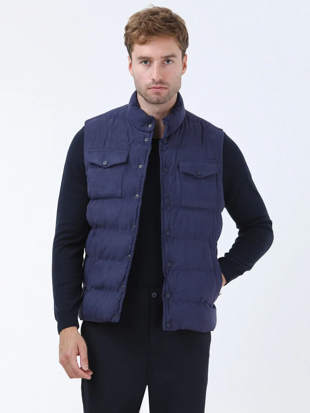 Açık Lacivert Regular Fit Dik Yaka Casual Dokuma Spor Yelek - 1