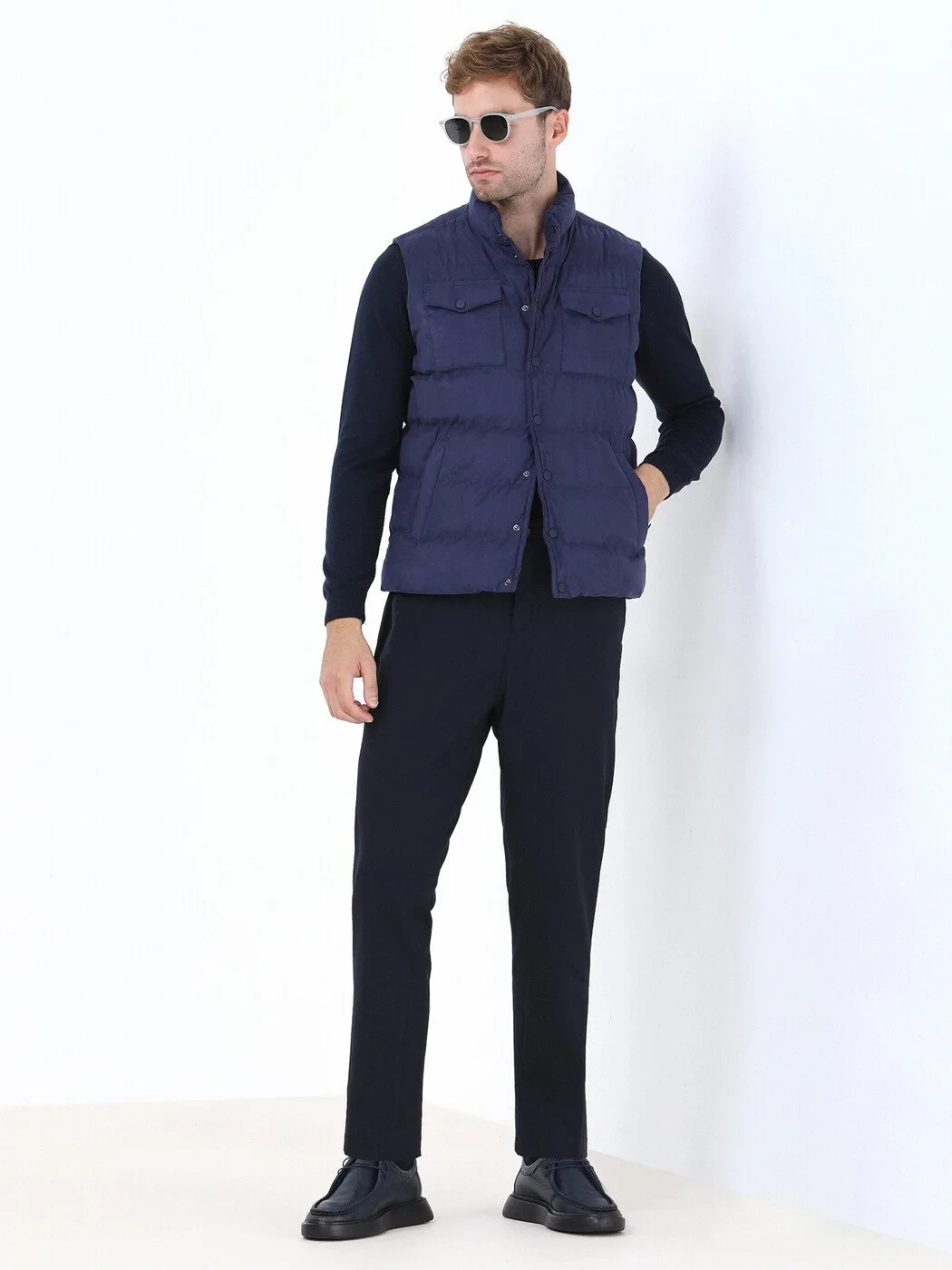 Açık Lacivert Regular Fit Dik Yaka Casual Dokuma Spor Yelek - 2