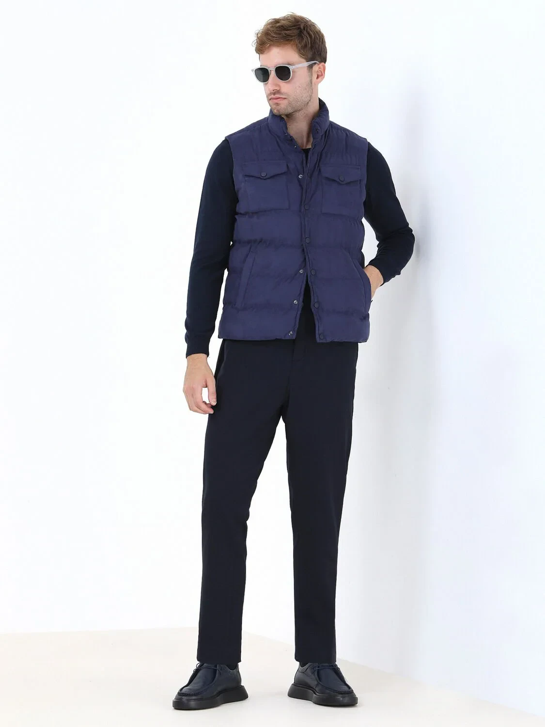 Açık Lacivert Regular Fit Dik Yaka Casual Dokuma Spor Yelek - 2