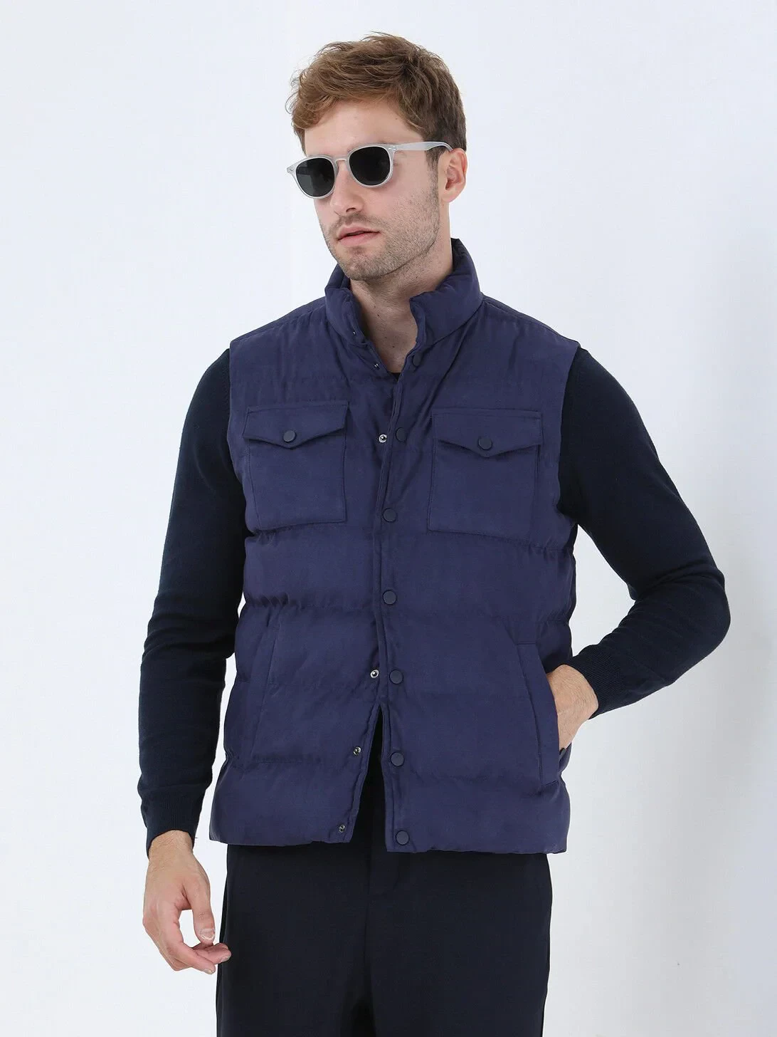 Açık Lacivert Regular Fit Dik Yaka Casual Dokuma Spor Yelek - 3