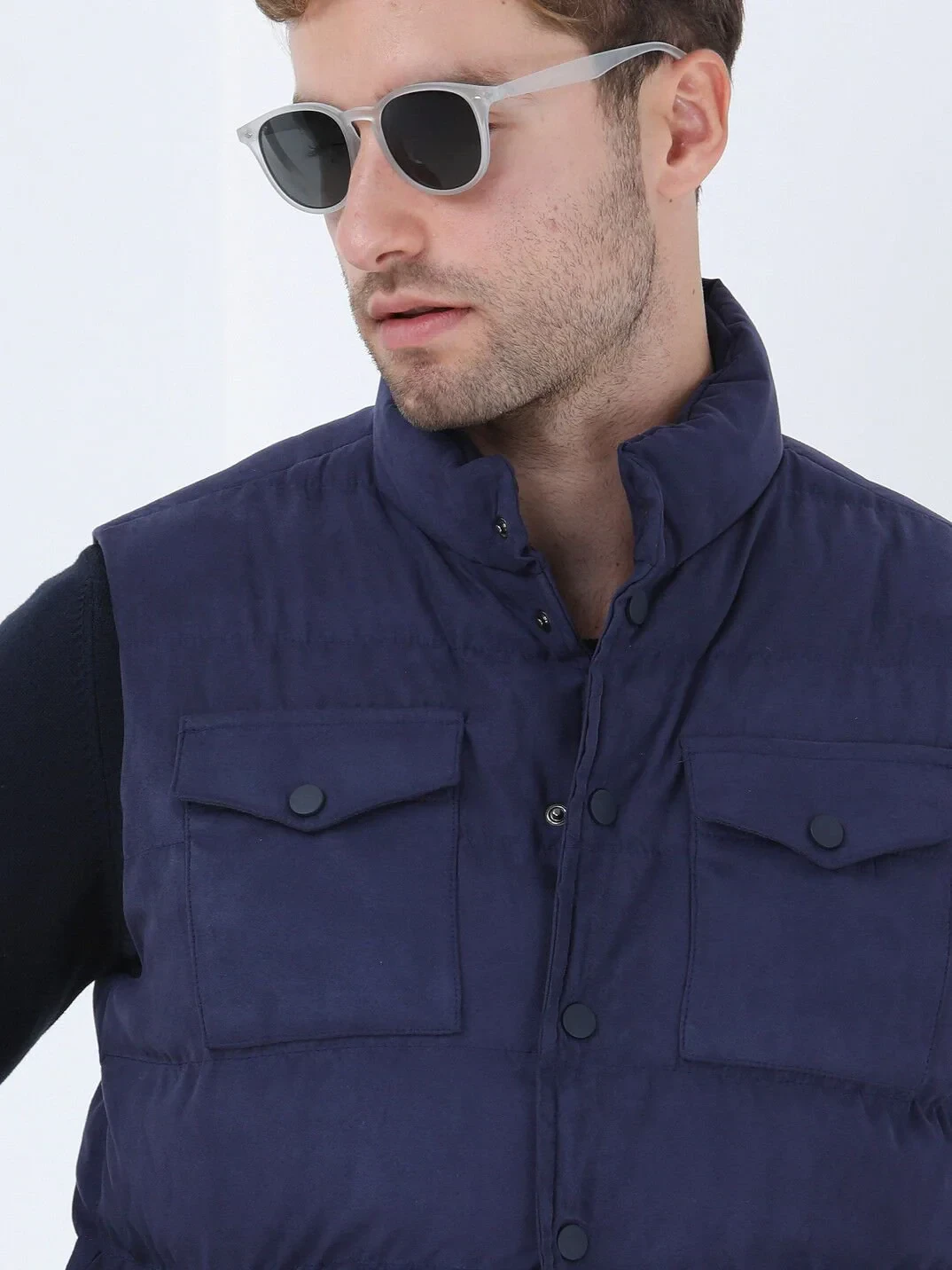 Açık Lacivert Regular Fit Dik Yaka Casual Dokuma Spor Yelek - 4