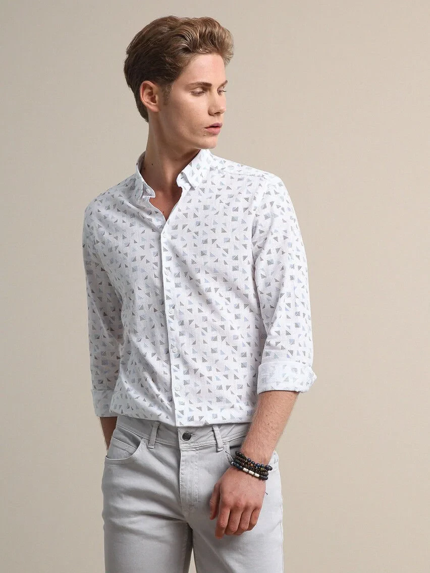Açık Mavi Baskılı Regular Fit Dokuma Casual %100 Pamuk Gömlek - 4