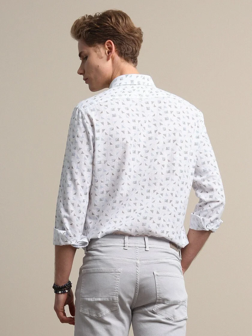 Açık Mavi Baskılı Regular Fit Dokuma Casual %100 Pamuk Gömlek - 5