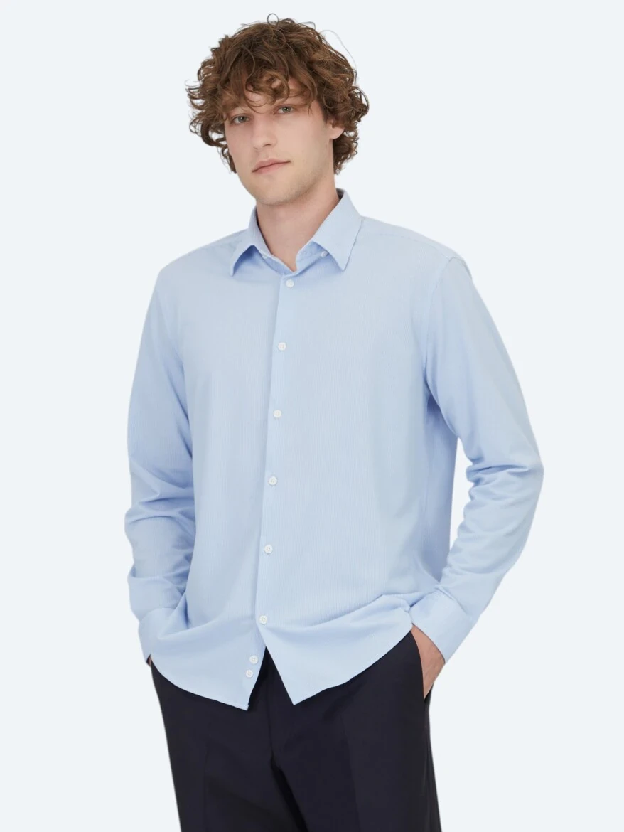 Açık Mavi Çizgili Regular Fit Casual Pamuk Karışımlı Gömlek - 1