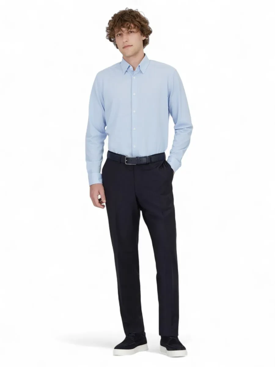 Açık Mavi Çizgili Regular Fit Casual Pamuk Karışımlı Gömlek - 2