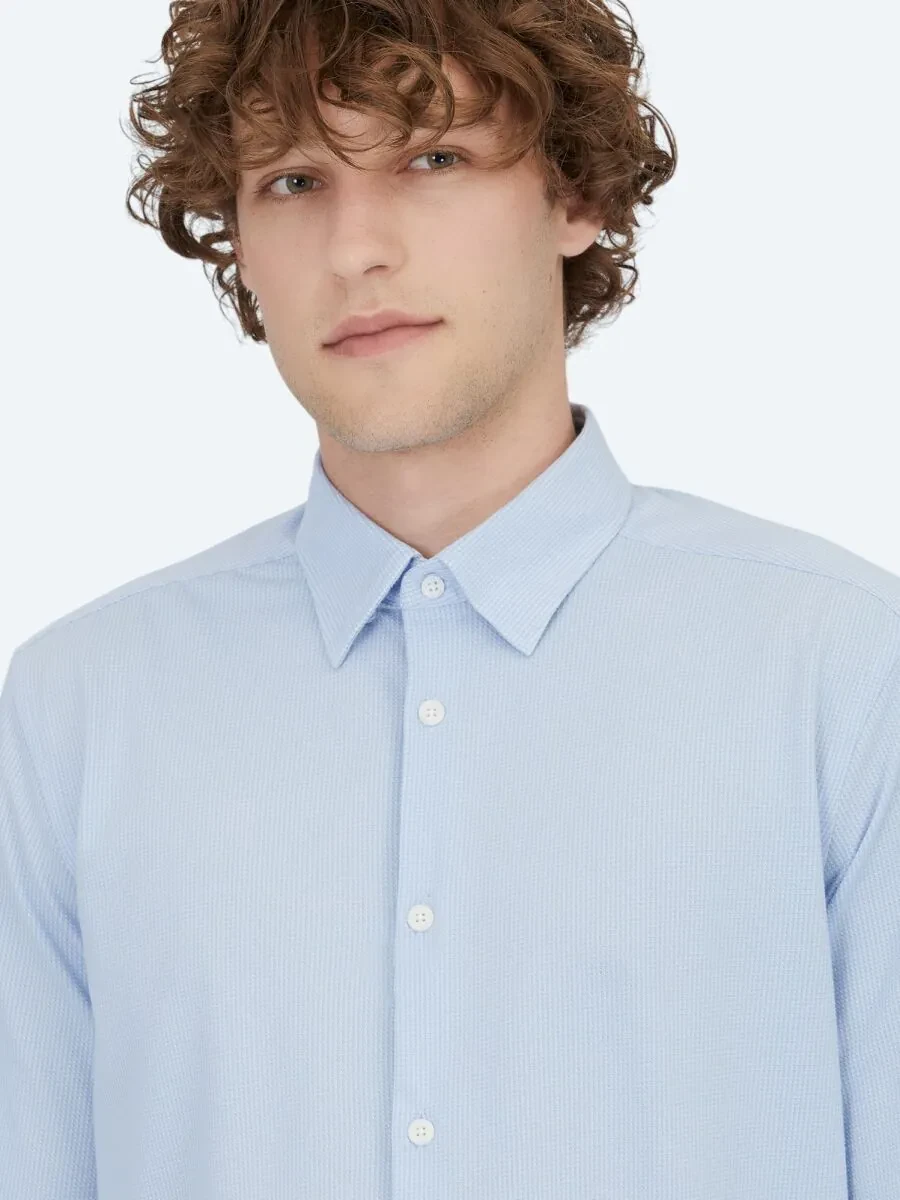 Açık Mavi Çizgili Regular Fit Casual Pamuk Karışımlı Gömlek - 3