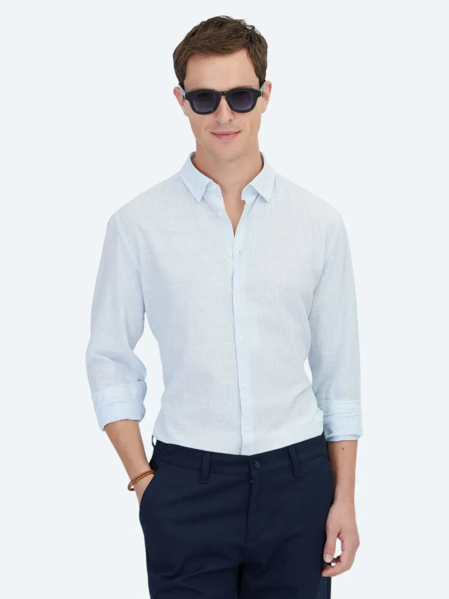 Açık Mavi Çizgili Regular Fit Dokuma Casual Pamuk Karışımlı Gömlek - 1