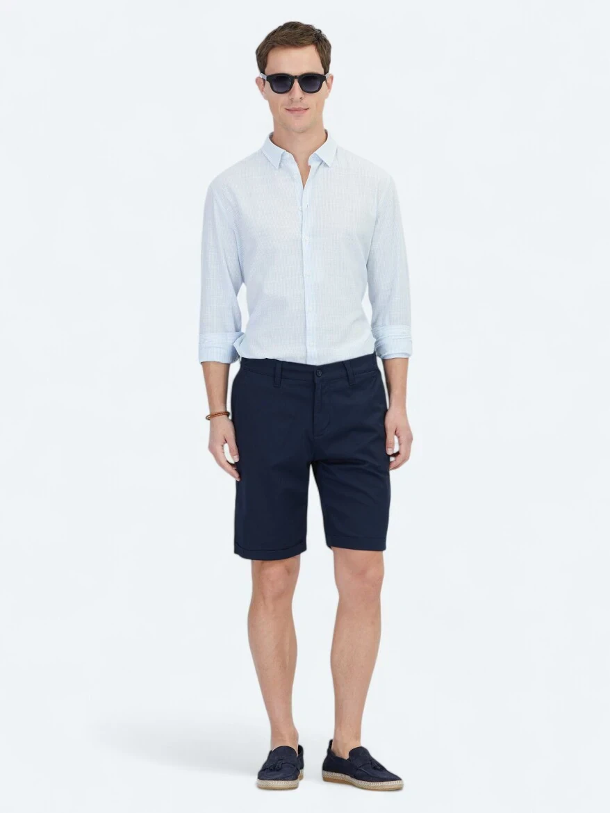 Açık Mavi Çizgili Regular Fit Dokuma Casual Pamuk Karışımlı Gömlek - 2