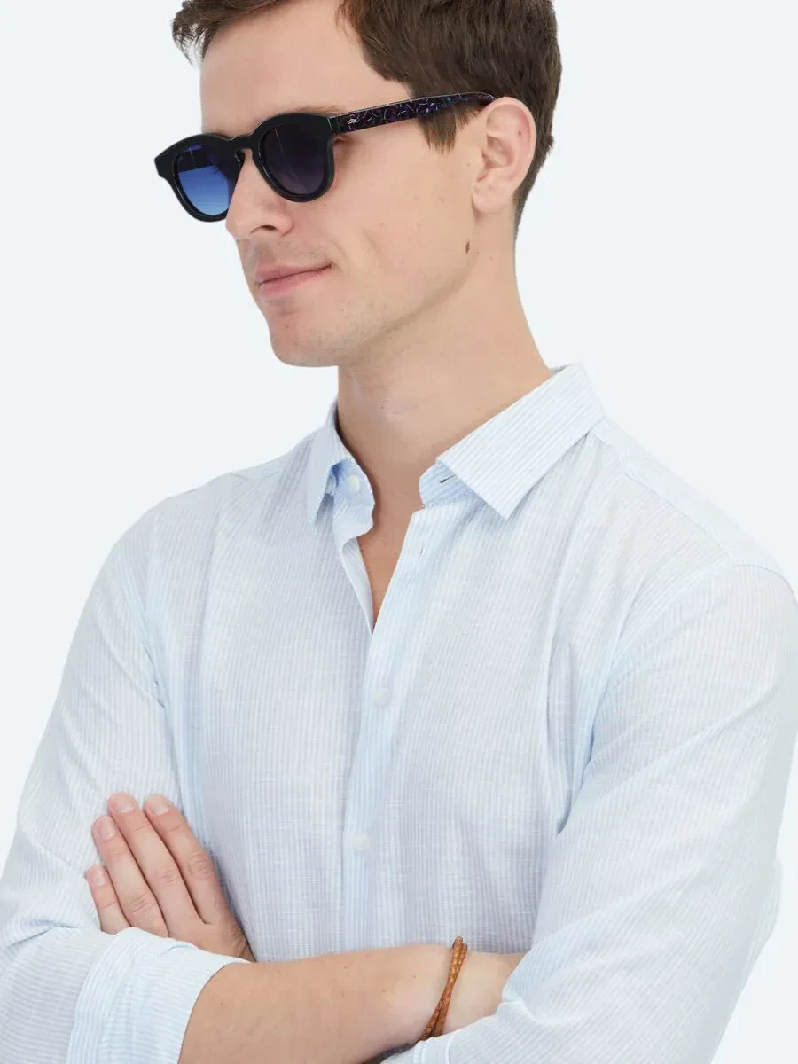 Açık Mavi Çizgili Regular Fit Dokuma Casual Pamuk Karışımlı Gömlek - 3
