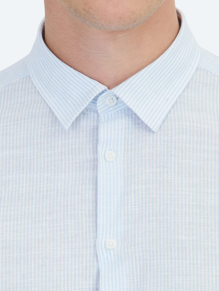 Açık Mavi Çizgili Regular Fit Dokuma Casual Pamuk Karışımlı Gömlek - 5