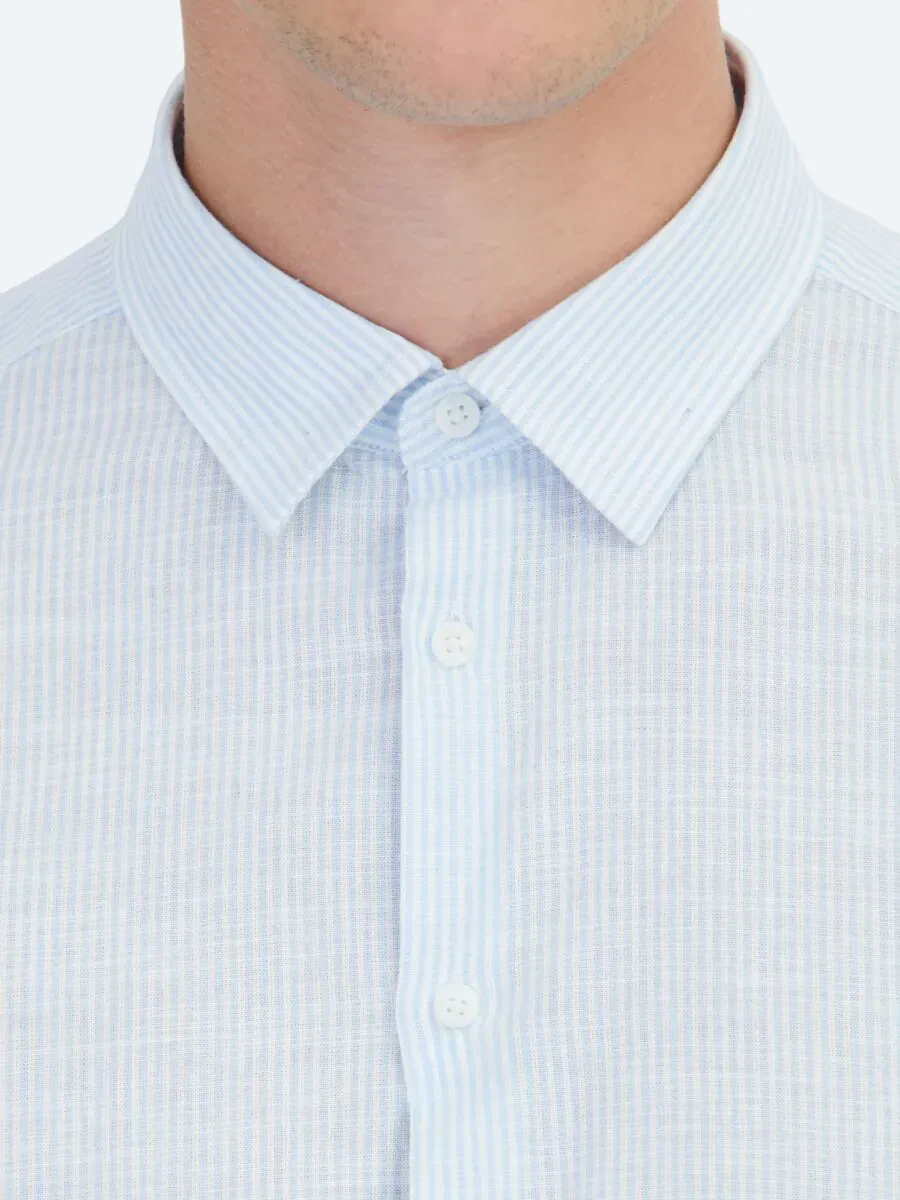 Açık Mavi Çizgili Regular Fit Dokuma Casual Pamuk Karışımlı Gömlek - 5