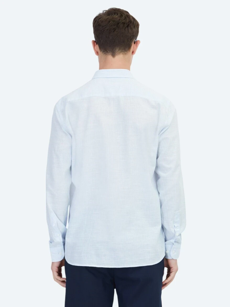 Açık Mavi Çizgili Regular Fit Dokuma Casual Pamuk Karışımlı Gömlek - 6