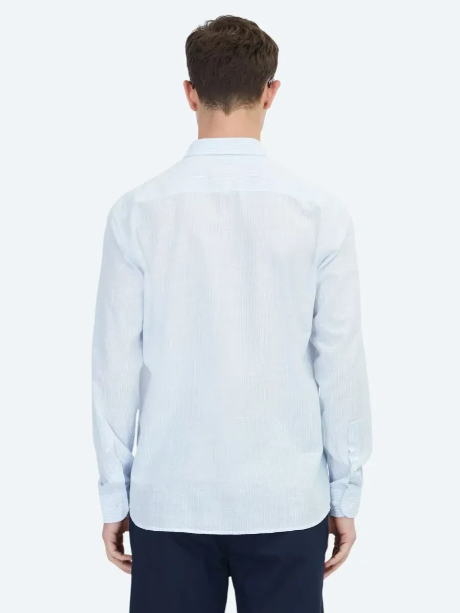 Açık Mavi Çizgili Regular Fit Dokuma Casual Pamuk Karışımlı Gömlek - 6