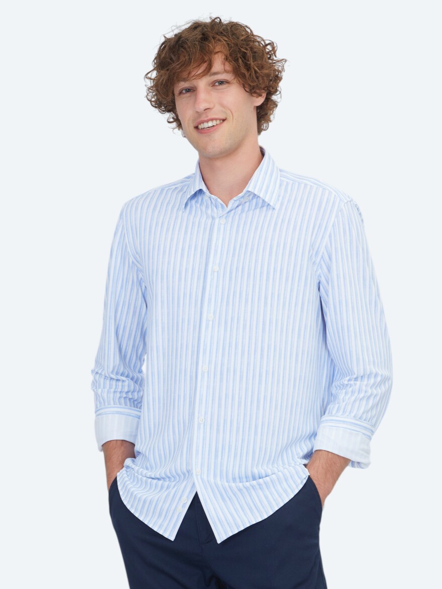 Açık Mavi Çizgili Regular Fit Uzun Casual Gömlek - KİP