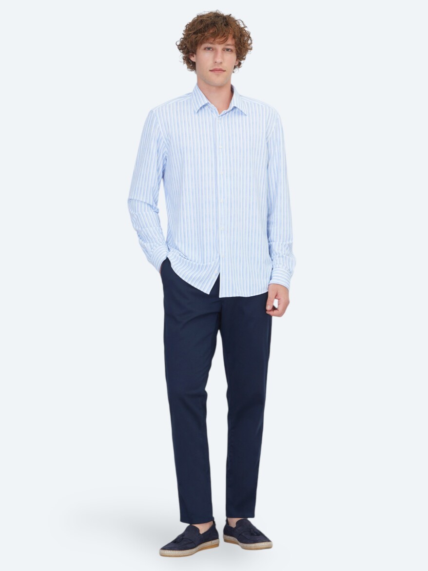 Açık Mavi Çizgili Regular Fit Uzun Casual Gömlek - KİP