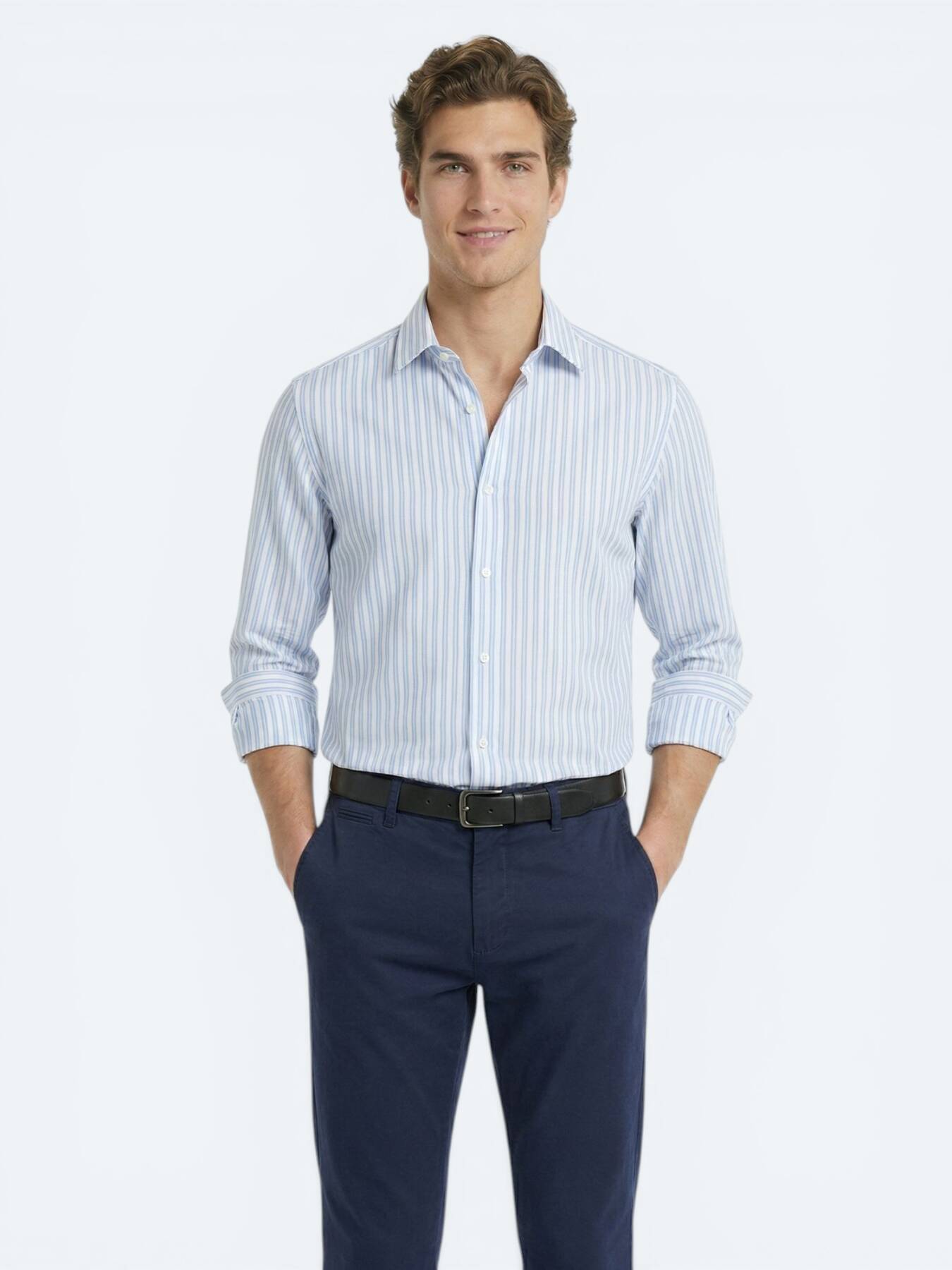 Açık Mavi Çizgili Regular Fit Uzun Casual Gömlek
