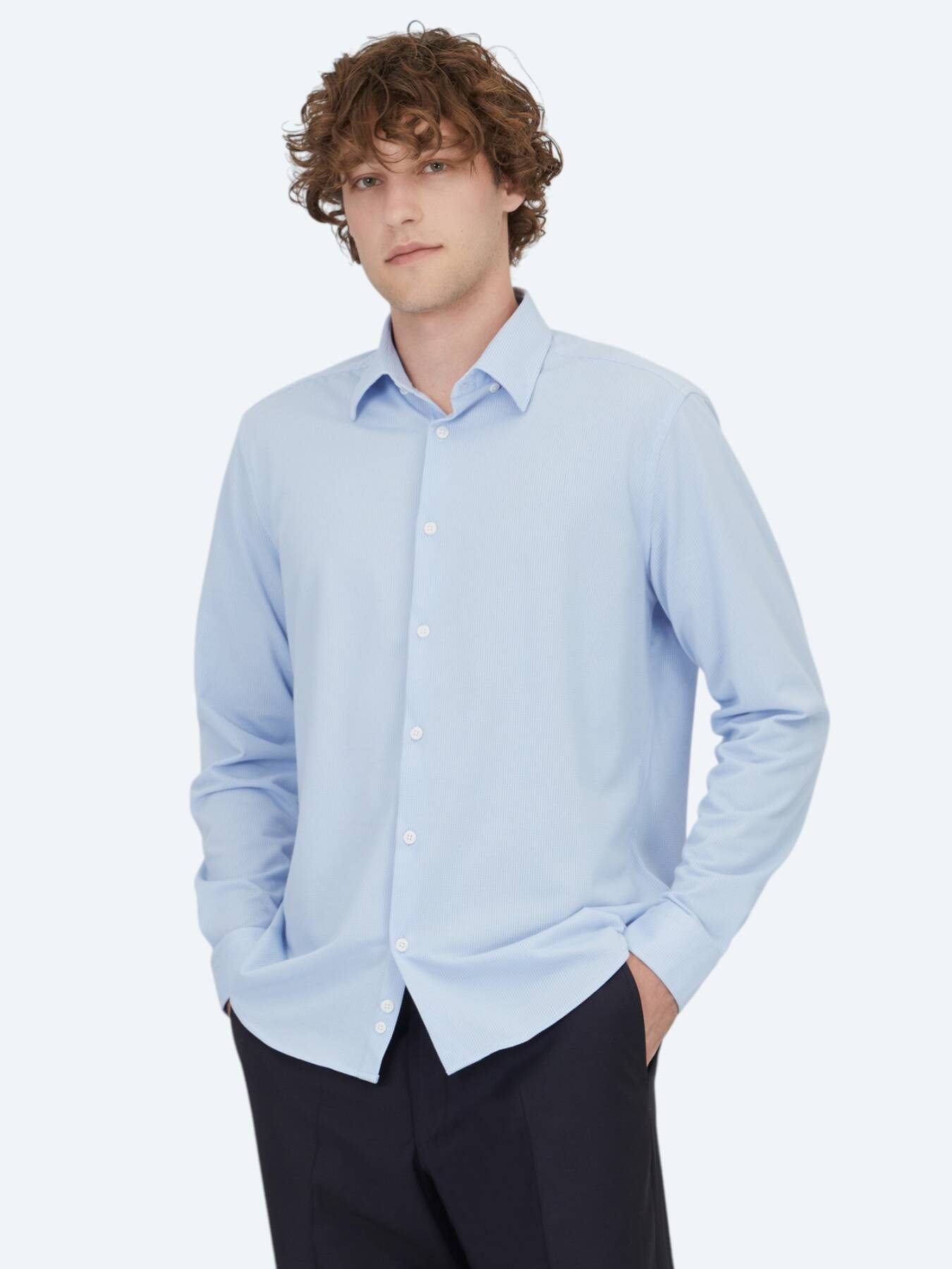 Açık Mavi Çizgili Regular Fit Uzun Casual Pamuk Karışımlı Gömlek