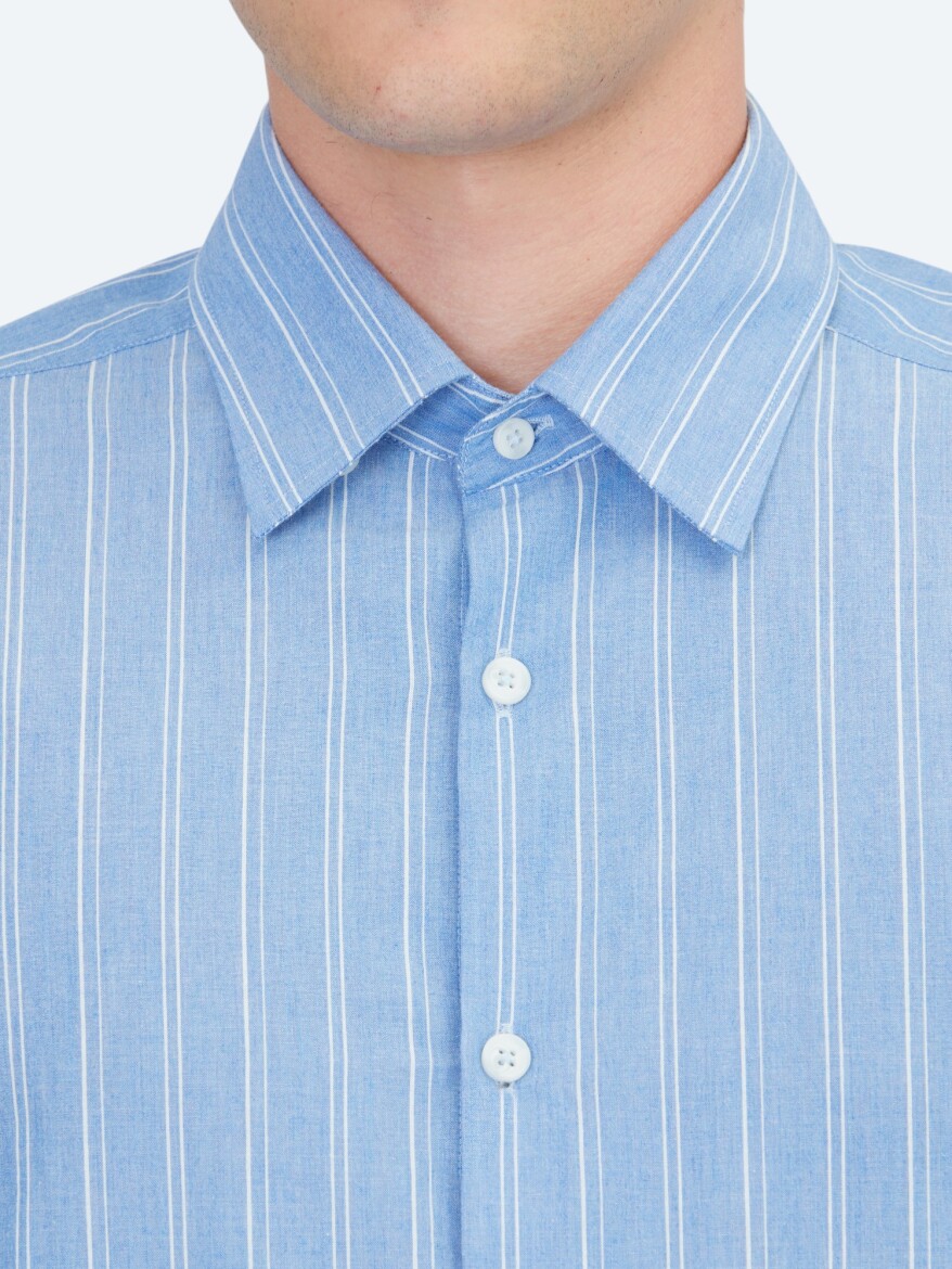 Açık Mavi Çizgili Regular Fit Uzun Dokuma Casual %100 Pamuk Gömlek - 4