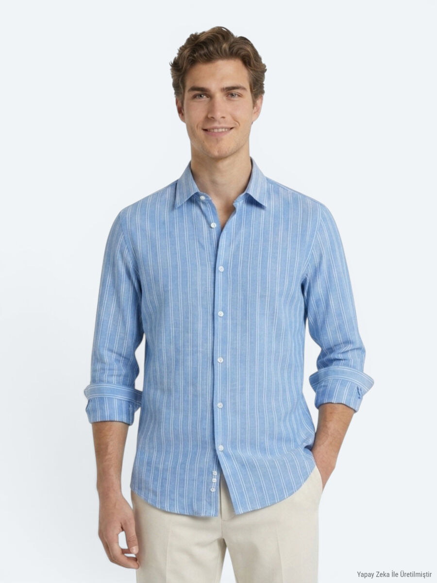 Açık Mavi Çizgili Regular Fit Uzun Dokuma Casual %100 Pamuk Gömlek - 1