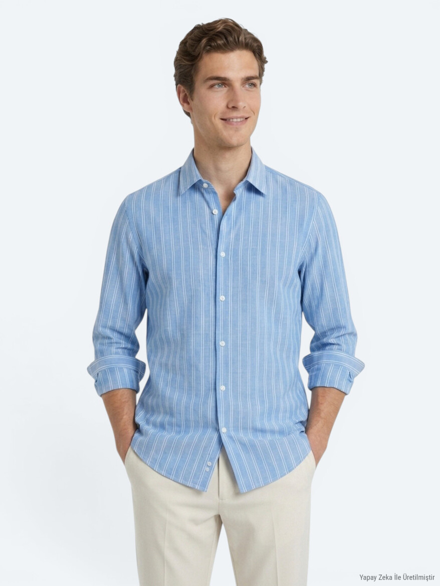 Açık Mavi Çizgili Regular Fit Uzun Dokuma Casual %100 Pamuk Gömlek - 4