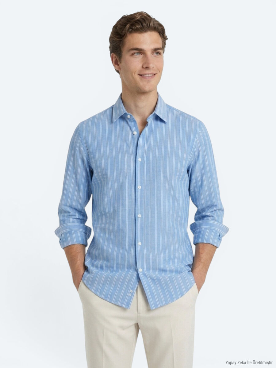 Açık Mavi Çizgili Regular Fit Uzun Dokuma Casual %100 Pamuk Gömlek - 4