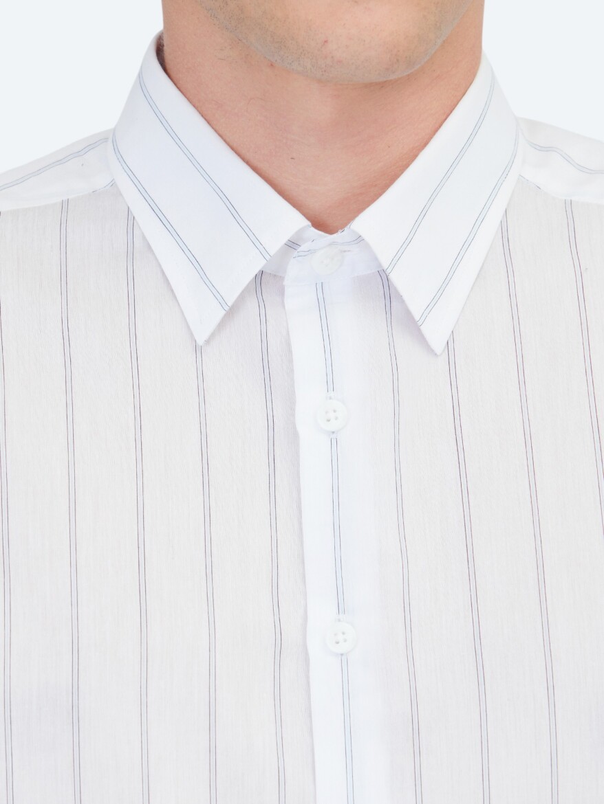 Açık Mavi Çizgili Regular Fit Uzun Dokuma Casual Pamuk Karışımlı Gömlek - 4