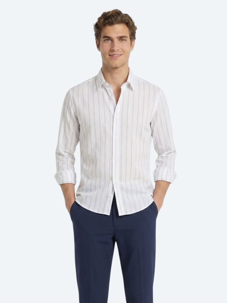 Açık Mavi Çizgili Regular Fit Dokuma Casual Pamuk Karışımlı Gömlek - 1