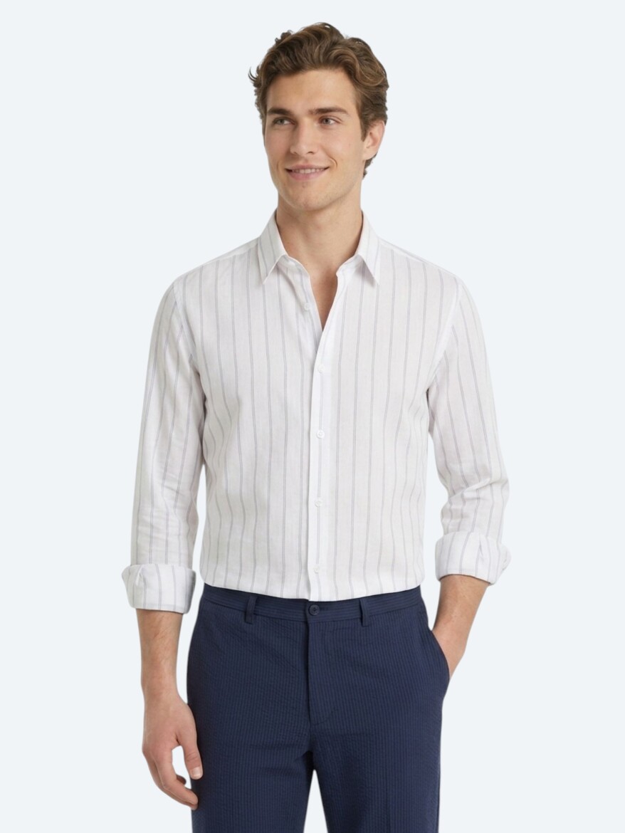 Açık Mavi Çizgili Regular Fit Dokuma Casual Pamuk Karışımlı Gömlek - 3
