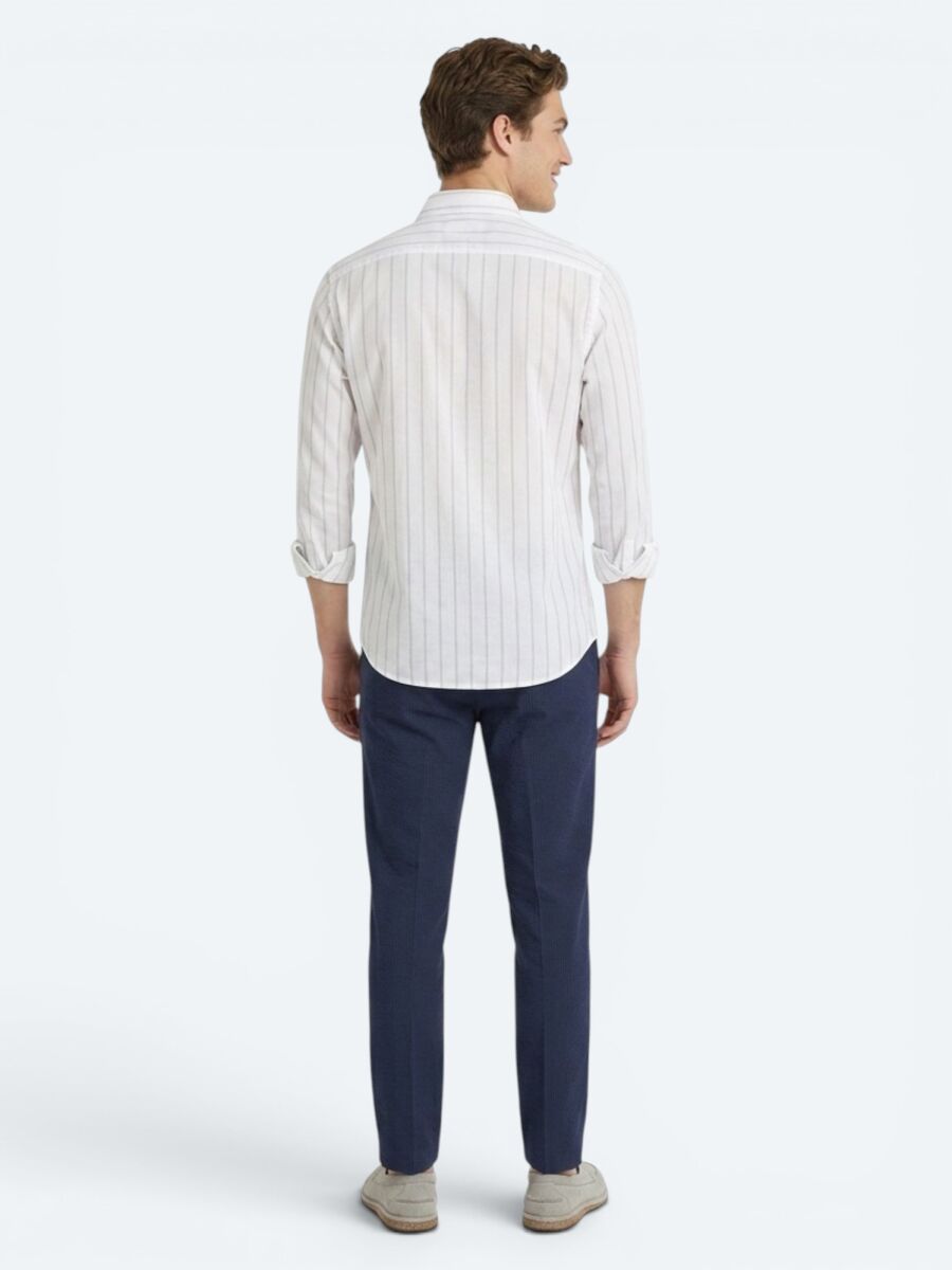 Açık Mavi Çizgili Regular Fit Dokuma Casual Pamuk Karışımlı Gömlek - 4