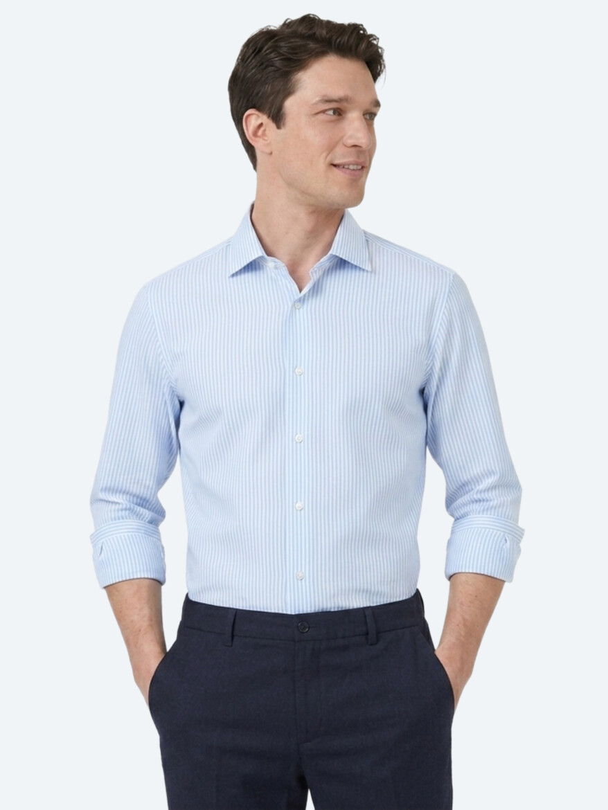 Açık Mavi Çizgili Regular Fit Uzun Dokuma Casual Pamuk Karışımlı Gömlek - 1