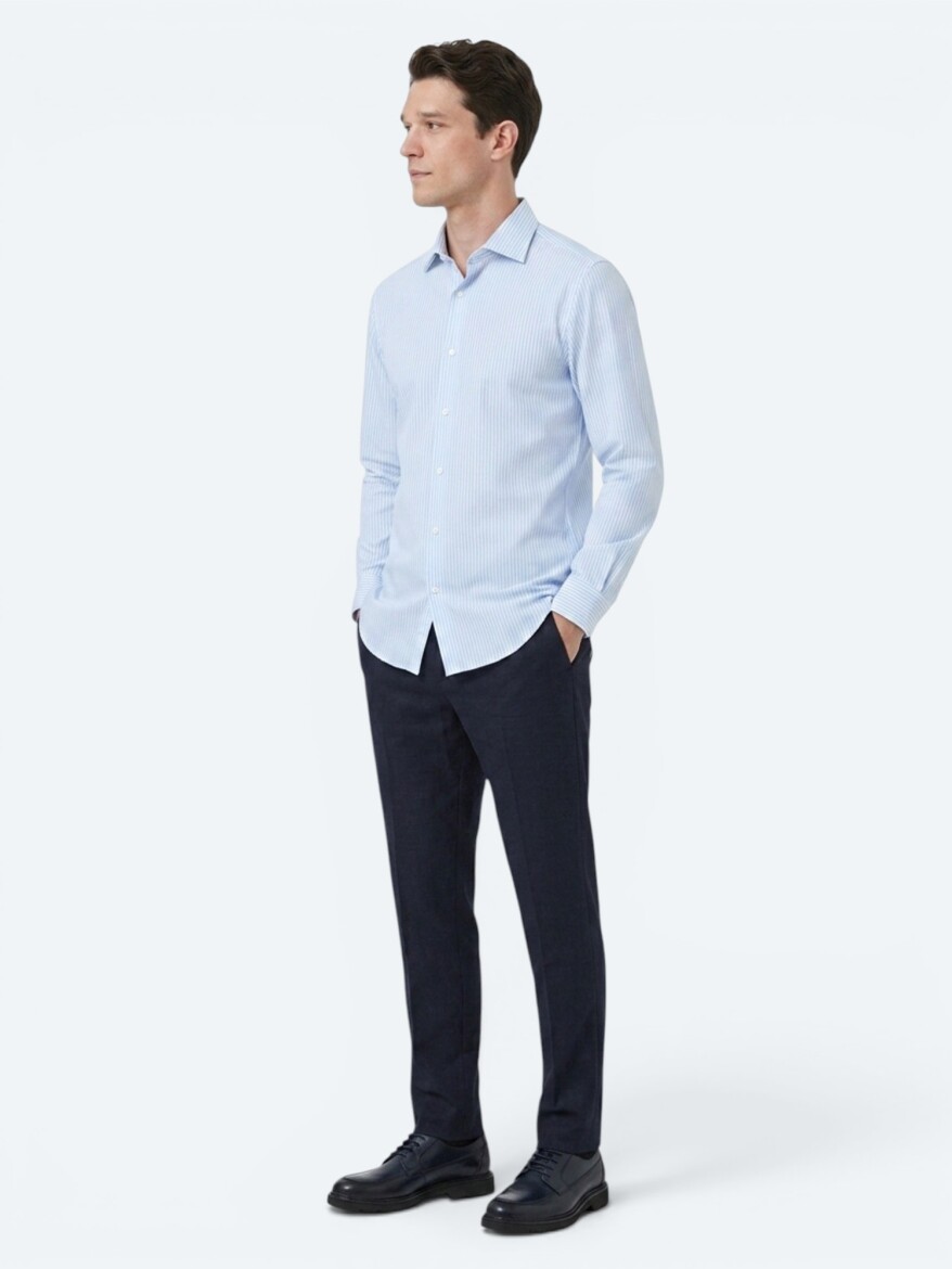 Açık Mavi Çizgili Regular Fit Uzun Dokuma Casual Pamuk Karışımlı Gömlek - 2