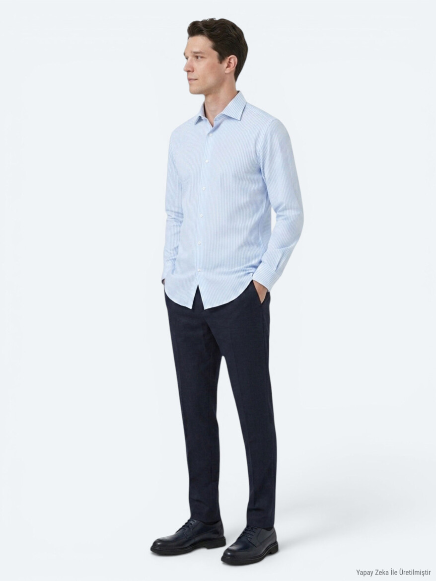 Açık Mavi Çizgili Regular Fit Uzun Dokuma Casual Pamuk Karışımlı Gömlek - KİP