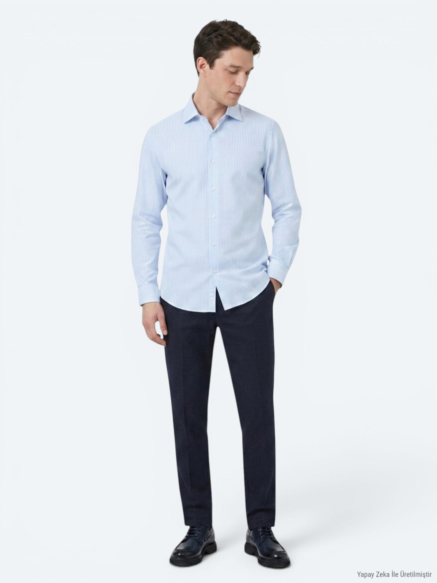 Açık Mavi Çizgili Regular Fit Uzun Dokuma Casual Pamuk Karışımlı Gömlek - 3