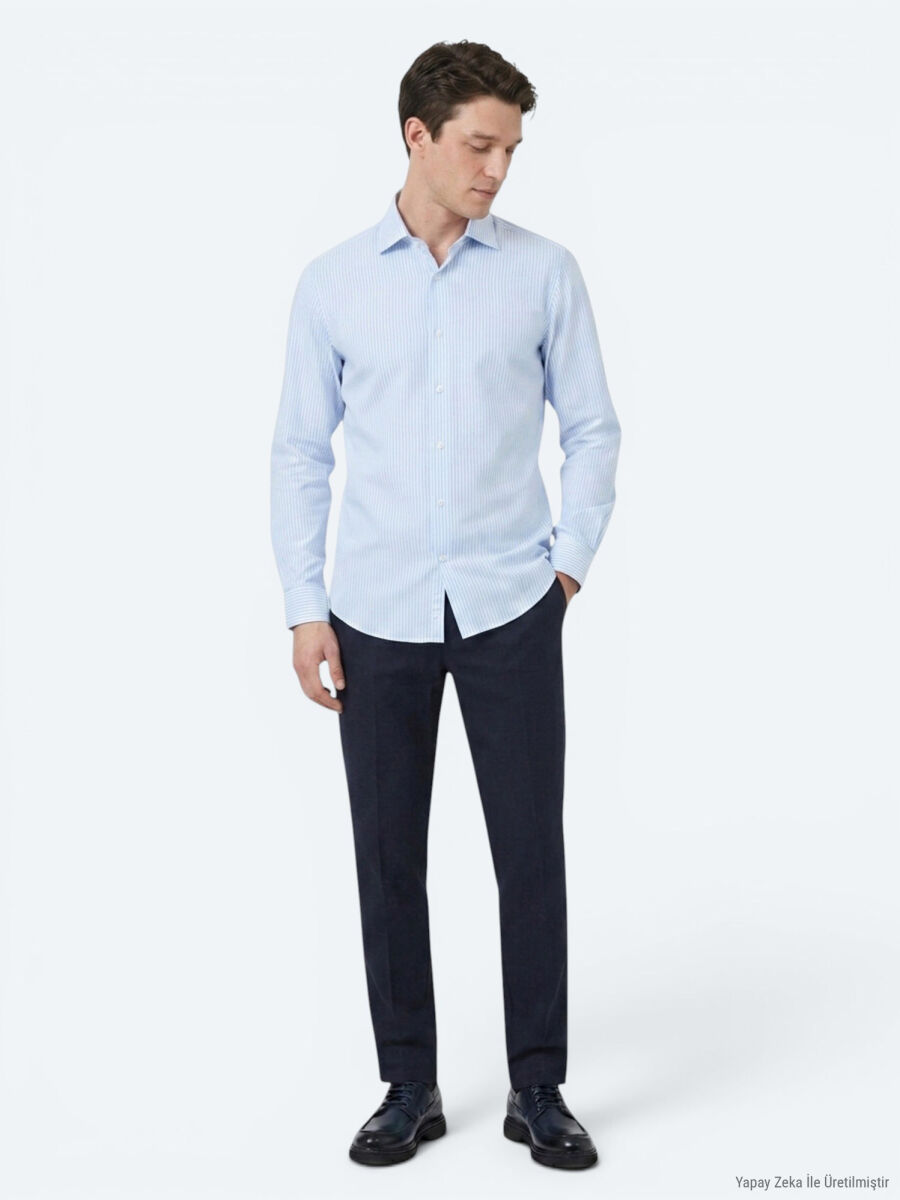 Açık Mavi Çizgili Regular Fit Uzun Dokuma Casual Pamuk Karışımlı Gömlek - 3