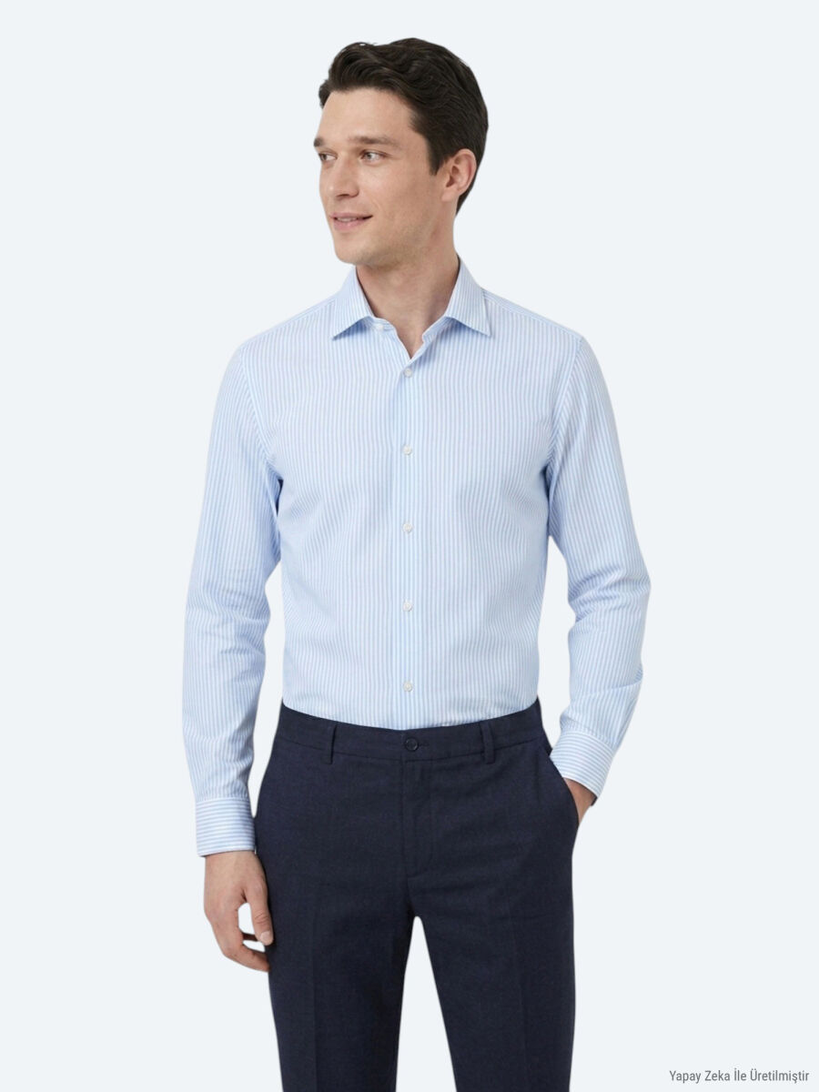 Açık Mavi Çizgili Regular Fit Uzun Dokuma Casual Pamuk Karışımlı Gömlek - 4