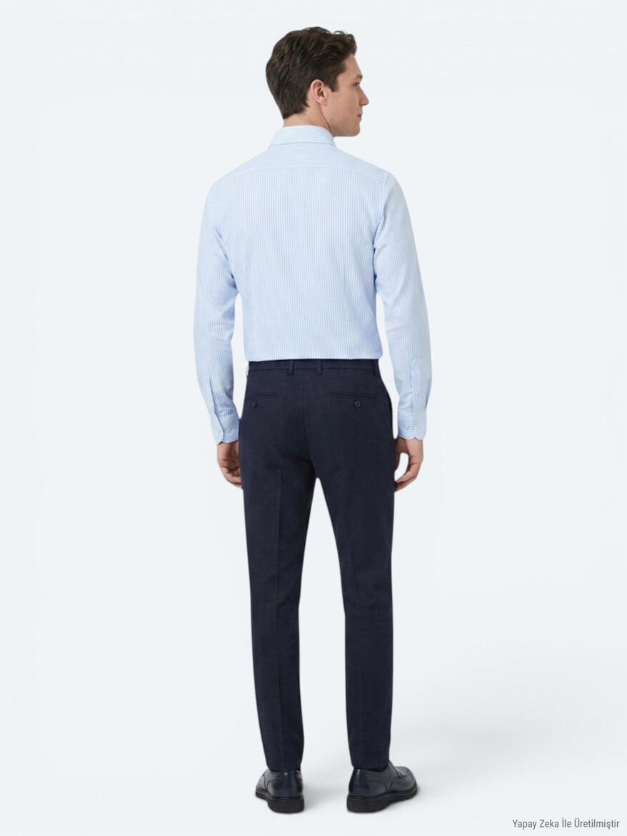 Açık Mavi Çizgili Regular Fit Uzun Dokuma Casual Pamuk Karışımlı Gömlek - 5