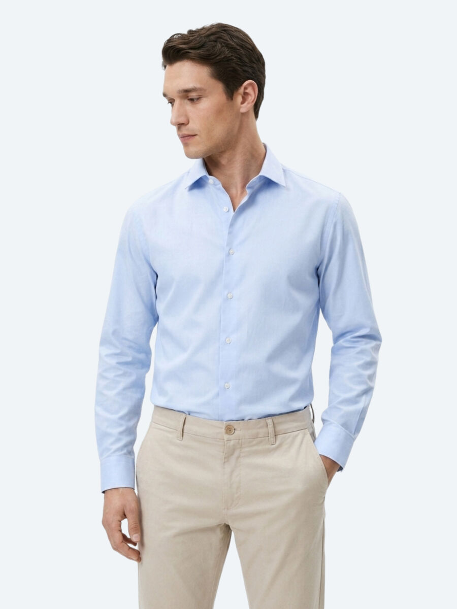 Açık Mavi Çizgili Regular Fit Uzun Dokuma Casual Pamuk Karışımlı Gömlek - 2