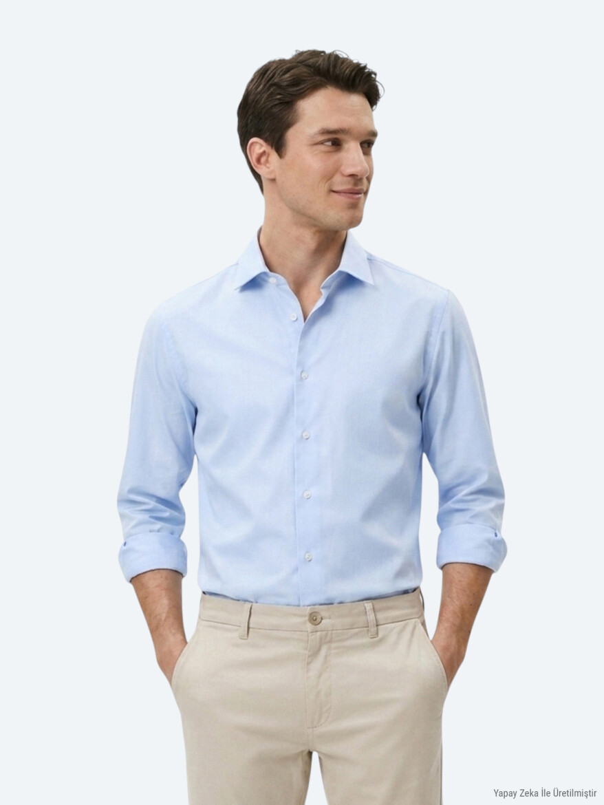 Açık Mavi Çizgili Regular Fit Uzun Dokuma Casual Pamuk Karışımlı Gömlek - 3