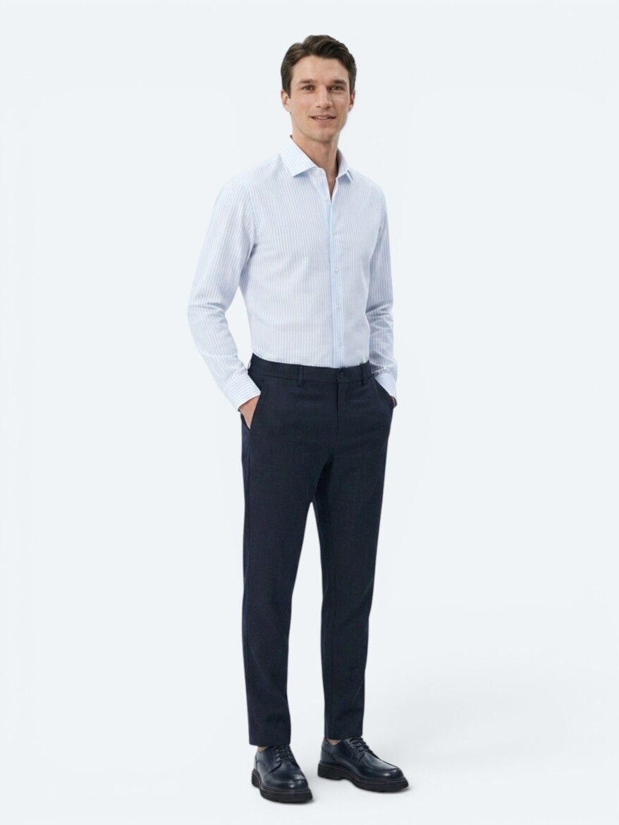 Açık Mavi Çizgili Regular Fit Uzun Dokuma Casual Pamuk Karışımlı Gömlek - 3